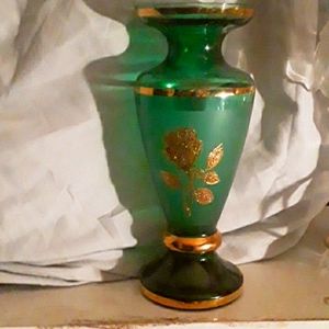 Vintage Bohemian Glass Emerald Green Painted gold roses